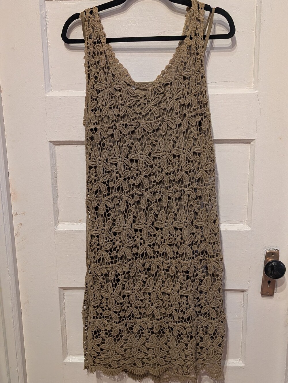 Solitaire By Ravi Khosla Crochet/Lace Sleeveless Dress Olive Green With Slip L
